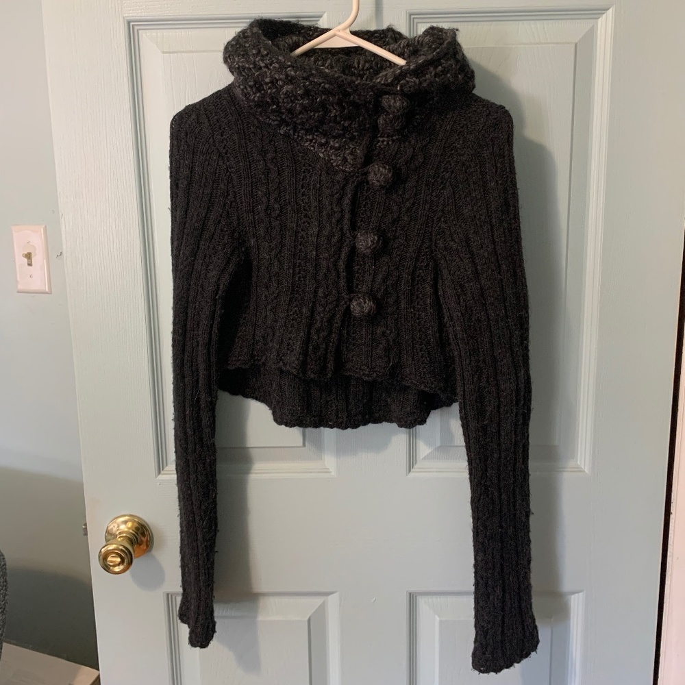 Anthropologie Handknit by Dollie Cropped Hooded Wool Sweater - Gray Size Small
